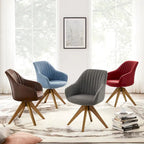 Poltrona girevole in tessuto beige con gambe in legno, singola