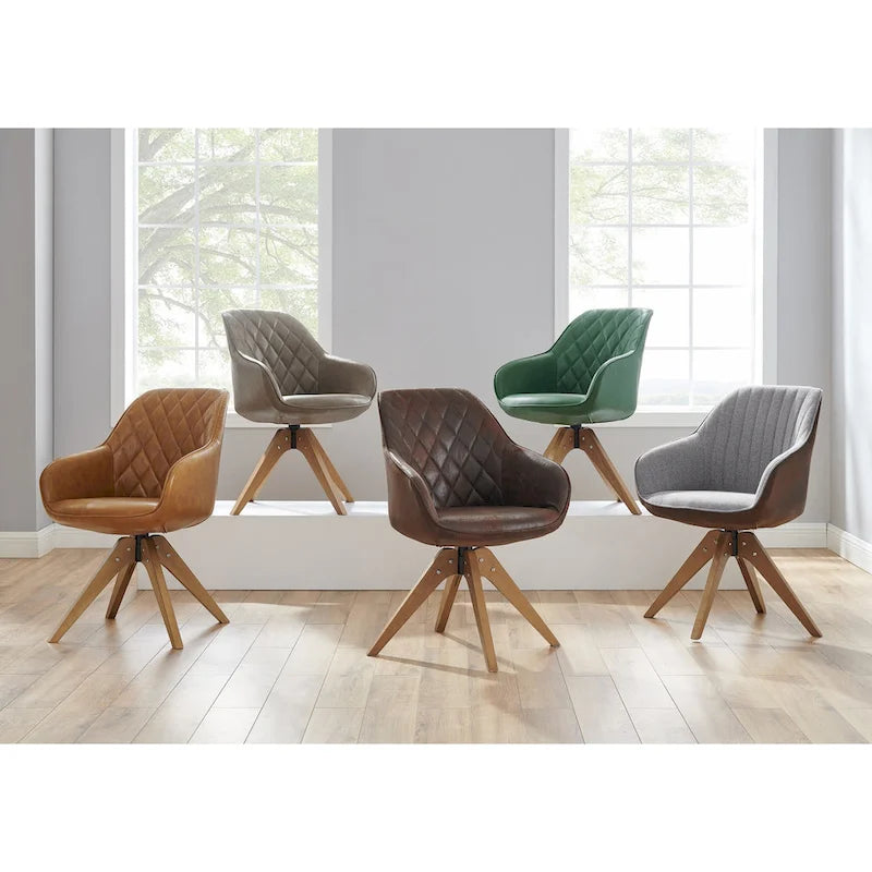 Poltrona girevole in tessuto beige con gambe in legno, singola