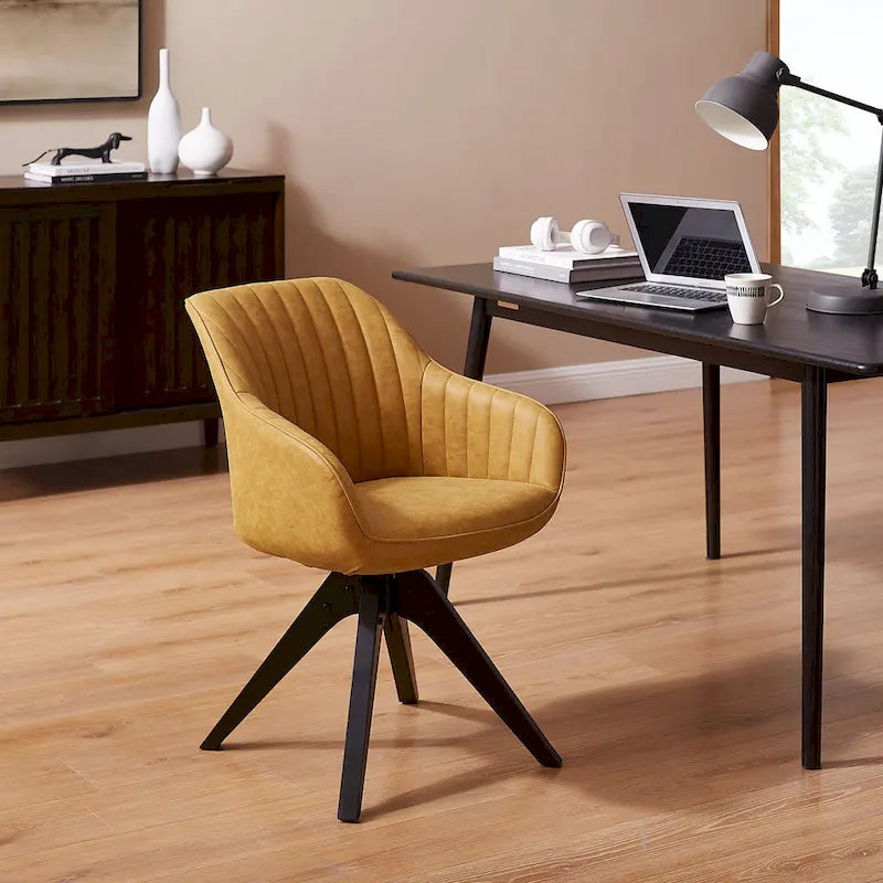 Poltrona girevole in tessuto beige con gambe in legno, singola