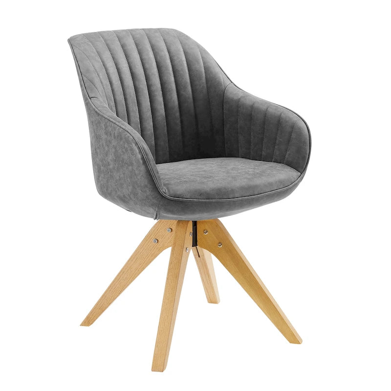 Poltrona girevole in tessuto beige con gambe in legno, singola