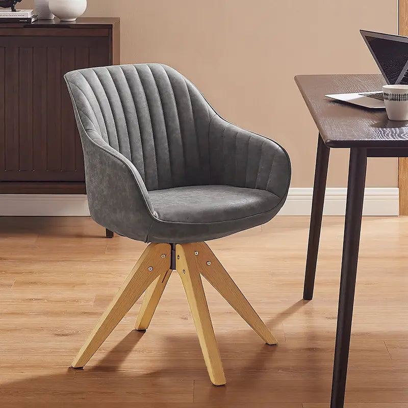 Poltrona girevole in tessuto beige con gambe in legno, singola