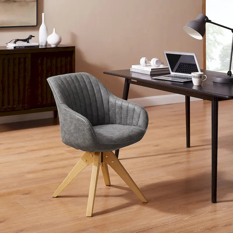 Poltrona girevole in tessuto beige con gambe in legno, singola