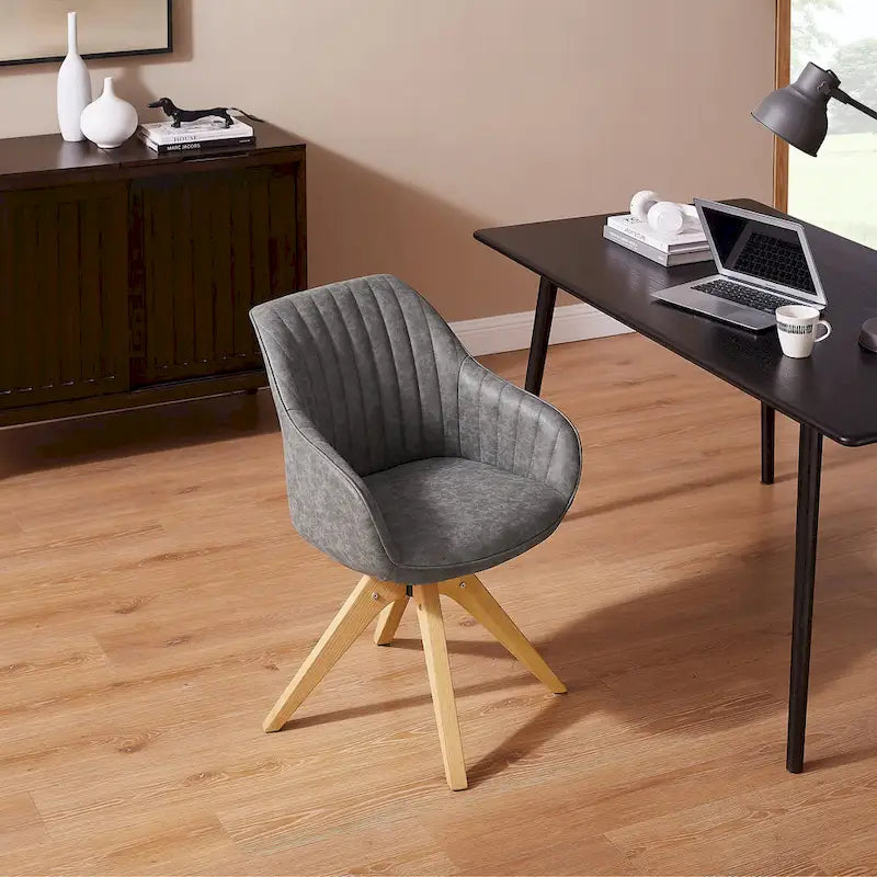 Poltrona girevole in tessuto beige con gambe in legno, singola