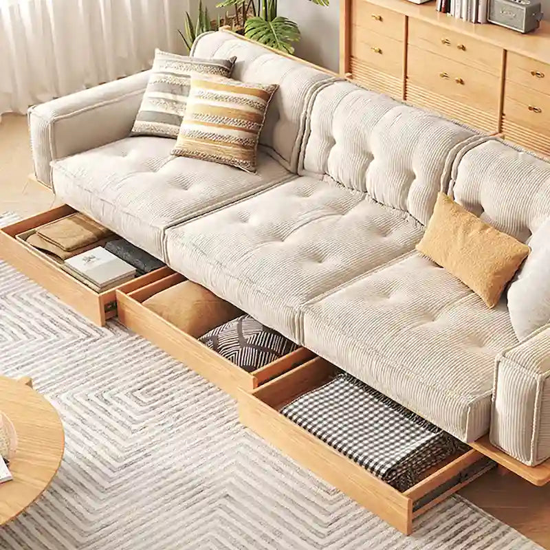 Divano in Velluto a Coste Beige con Struttura in Legno – 1/2/3/4 Posti