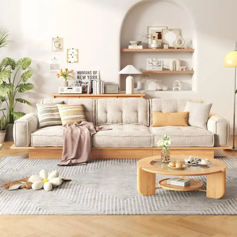 Divano in Velluto a Coste Beige con Struttura in Legno – 1/2/3/4 Posti