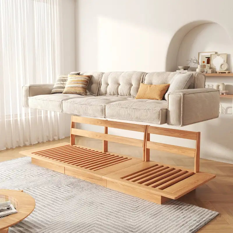 Divano in Velluto a Coste Beige con Struttura in Legno – 1/2/3/4 Posti