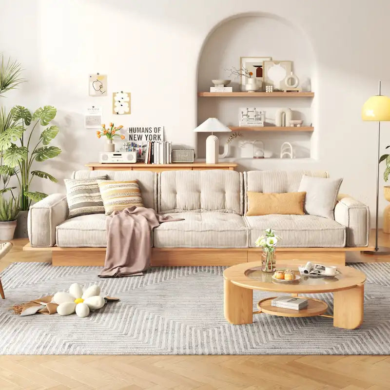 Divano in Velluto a Coste Beige con Struttura in Legno – 1/2/3/4 Posti