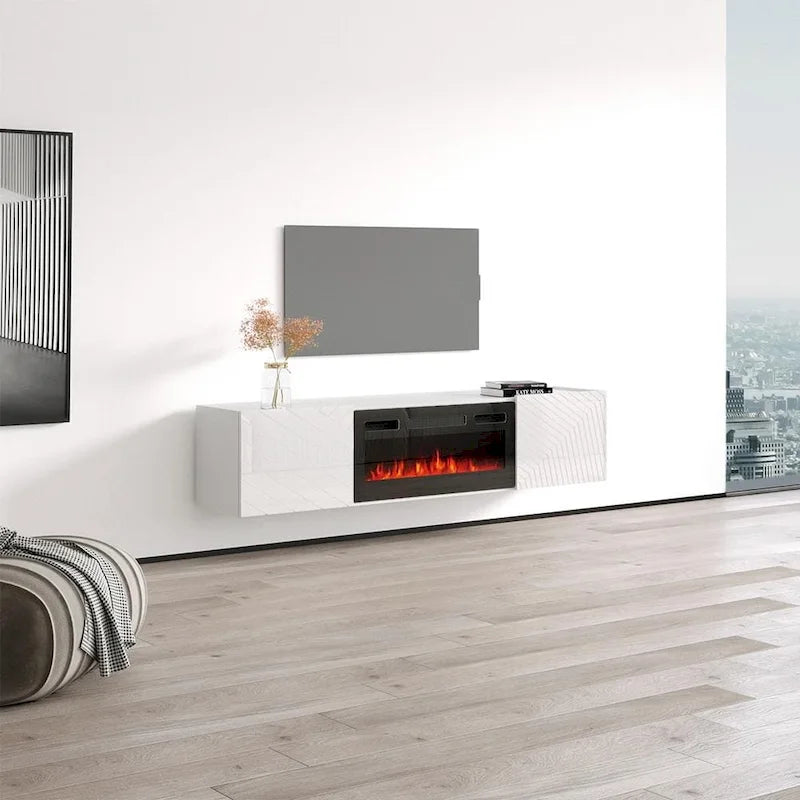Mobile TV per camino elettrico bianco e nero – Adatto a TV fino a 80", 1 persona
