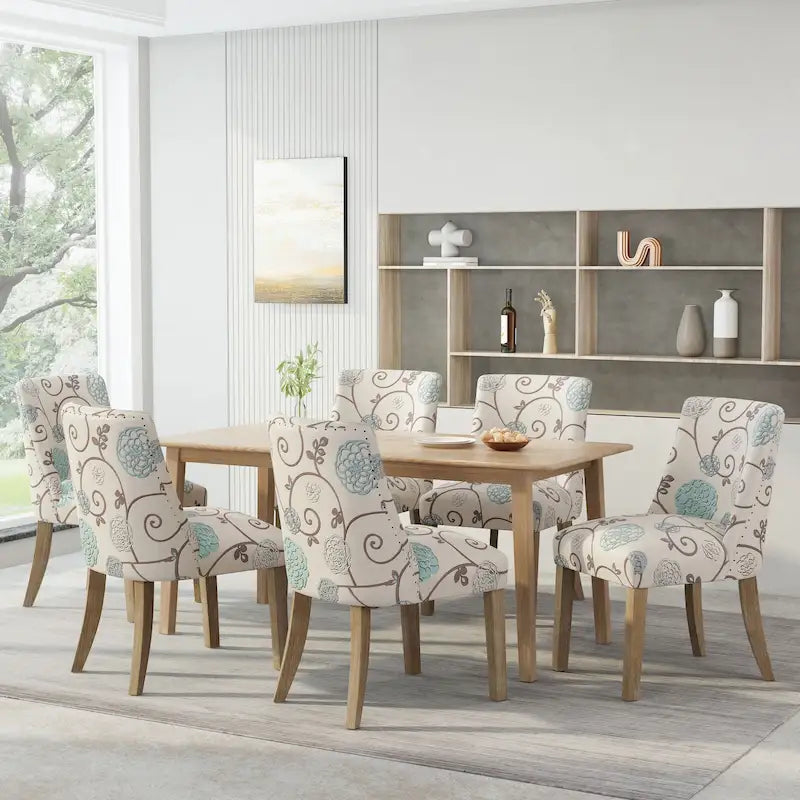 Sedia da pranzo imbottita in tessuto con borchie e gambe in legno, set da 6, vari colori