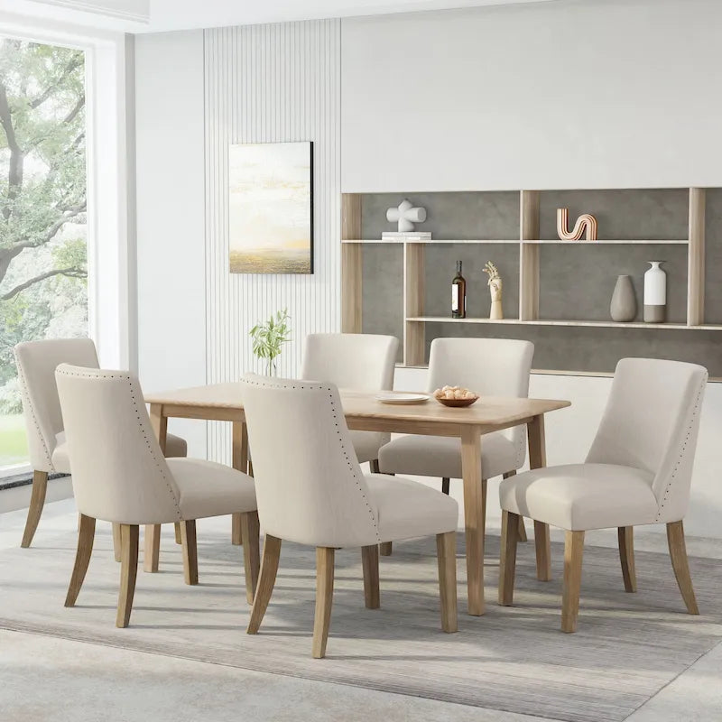 Sedia da pranzo imbottita in tessuto con borchie e gambe in legno, set da 6, vari colori