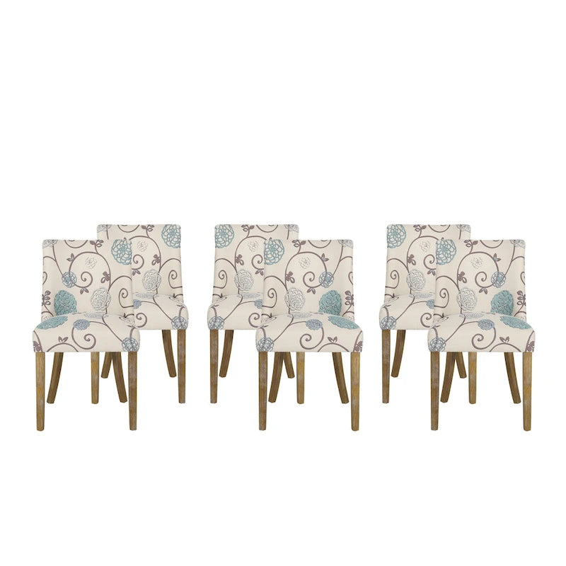 Sedia da pranzo imbottita in tessuto con borchie e gambe in legno, set da 6, vari colori