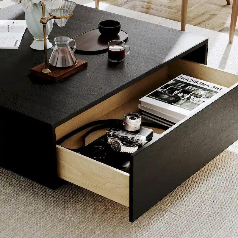 Tavolino da caffè in impiallacciatura di legno marrone/nero con 2 cassetti, 2 dimensioni, montaggio da 1 persona