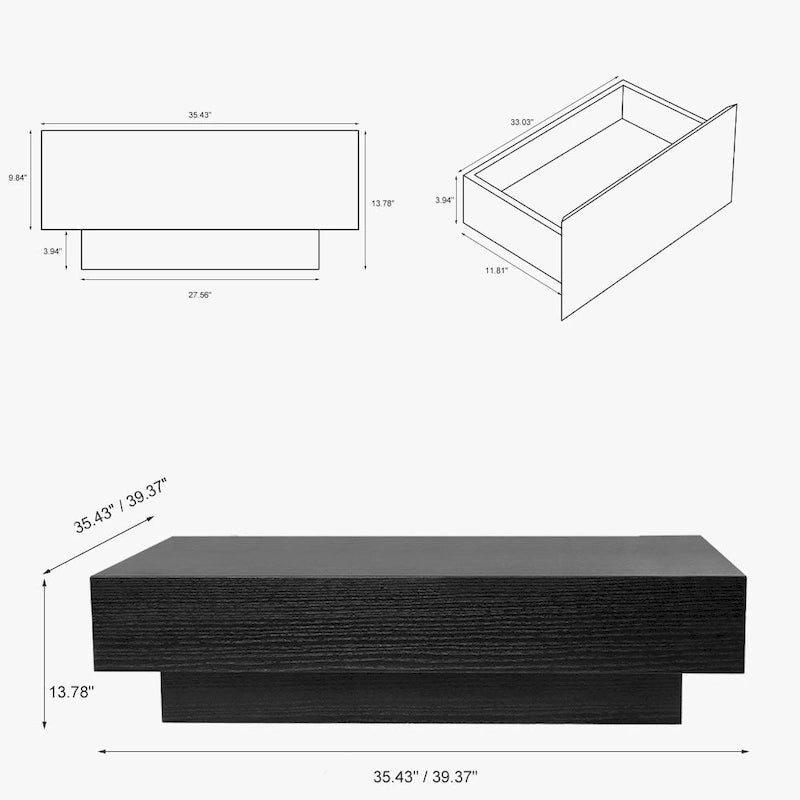 Tavolino da caffè in impiallacciatura di legno marrone/nero con 2 cassetti, 2 dimensioni, montaggio da 1 persona