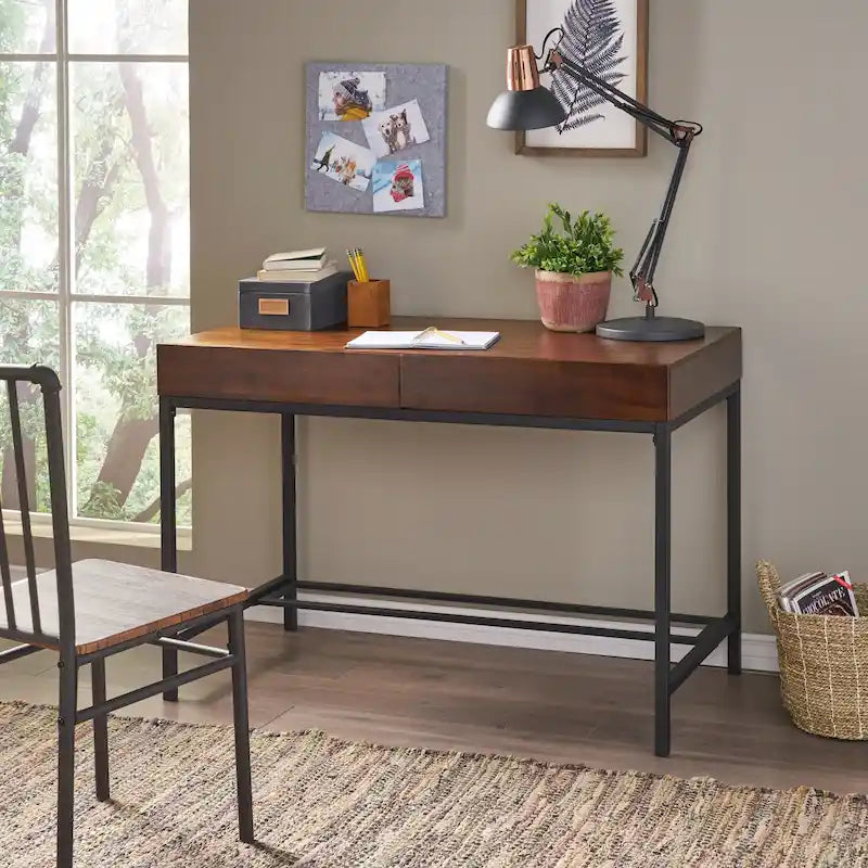 Scrivania contenitore in legno di acacia, rovere scuro industriale, singola