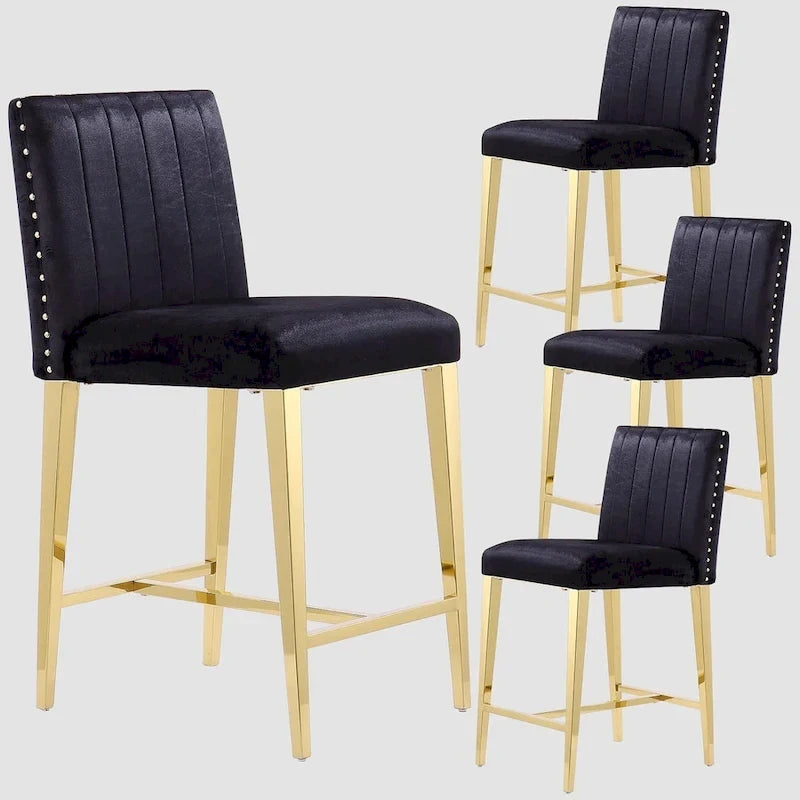 Sgabello da bar in velluto nero con gambe dorate, imbottito, set da 2 / set da 4