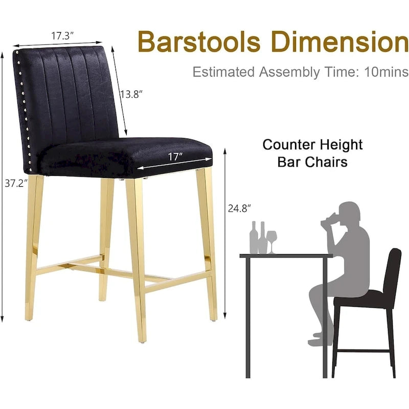 Sgabello da bar in velluto nero con gambe dorate, imbottito, set da 2 / set da 4
