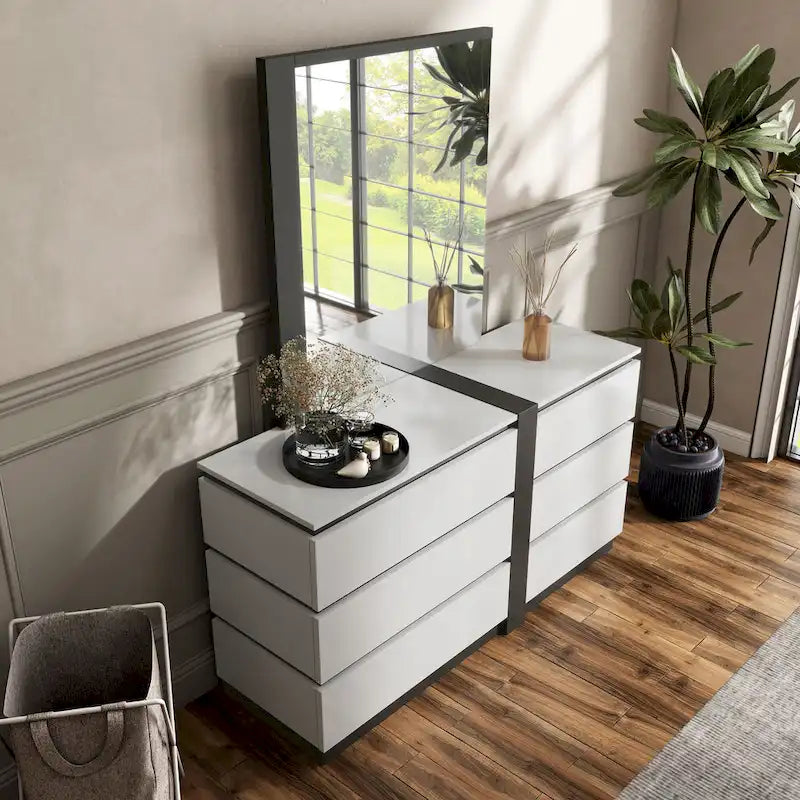 Comò a 6 cassetti con specchio (2 pezzi) bianco e grigio metallizzato