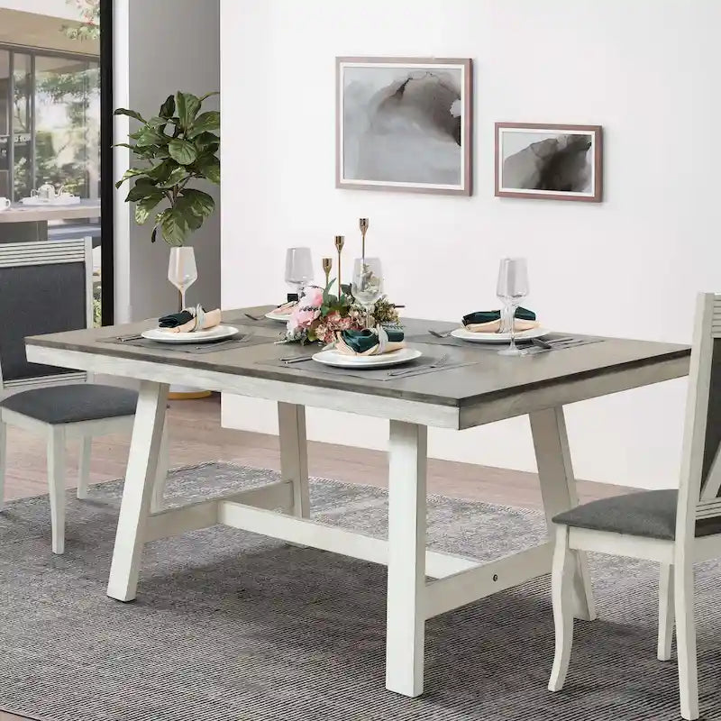 Tavolo da pranzo rettangolare, bianco sporco anticato e legno naturale, 6 posti a sedere