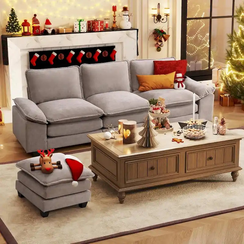 Divano componibile a L beige con pouf, 3 posti