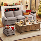 Divano componibile a L beige con pouf, 3 posti