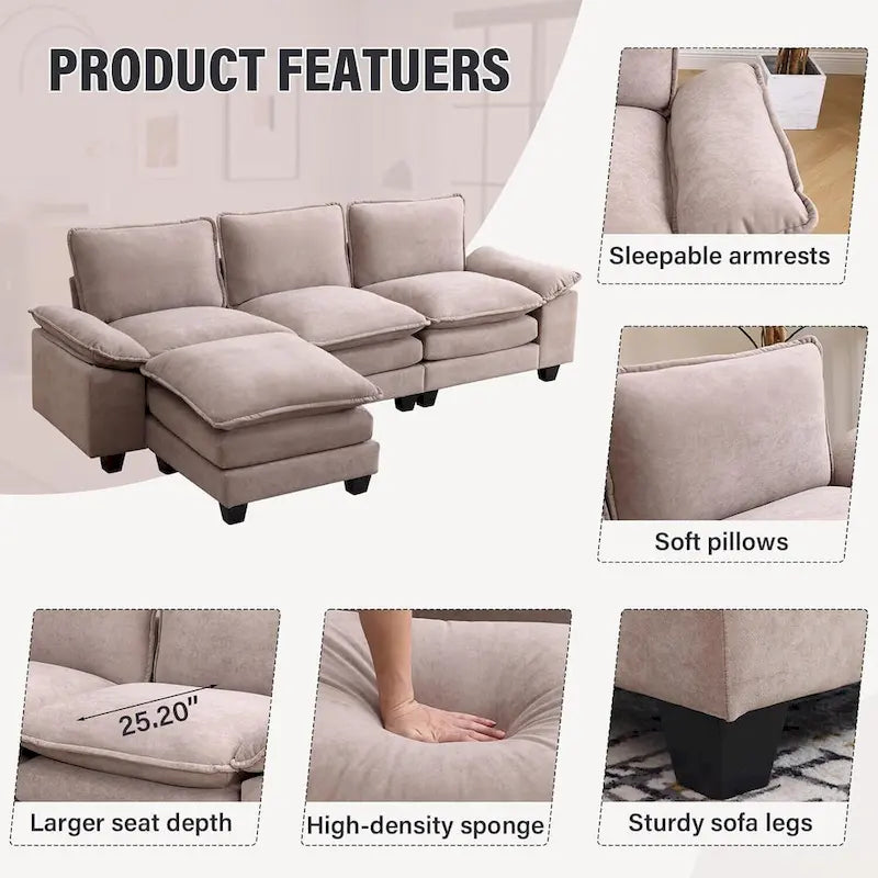 Divano componibile a L beige con pouf, 3 posti