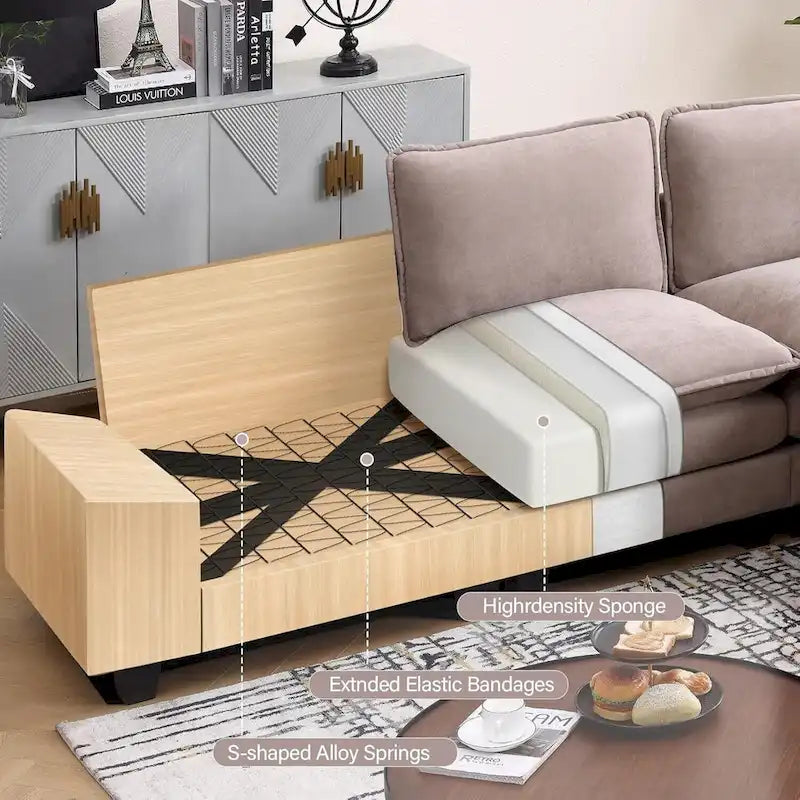 Divano componibile a L beige con pouf, 3 posti
