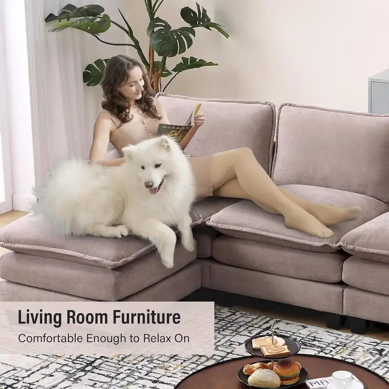 Divano componibile a L beige con pouf, 3 posti