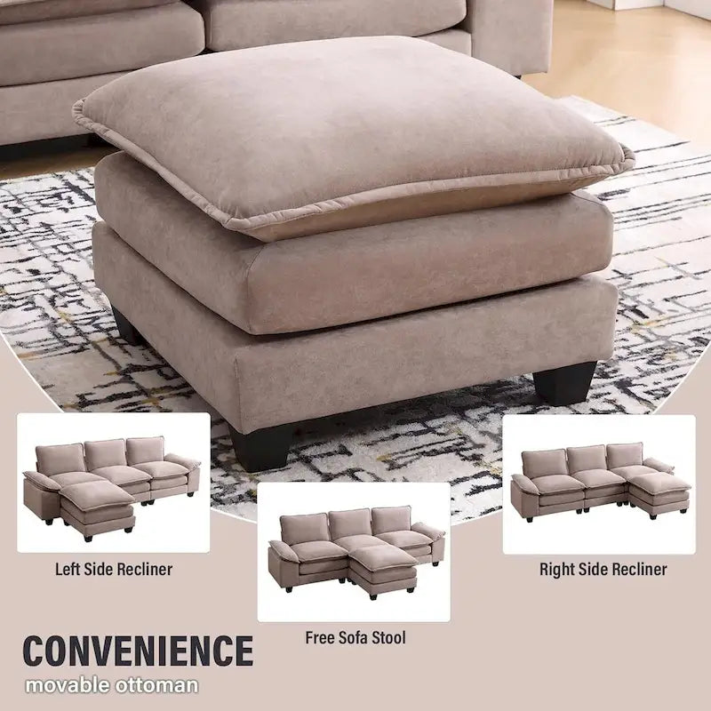 Divano componibile a L beige con pouf, 3 posti