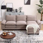 Divano componibile a L beige con pouf, 3 posti