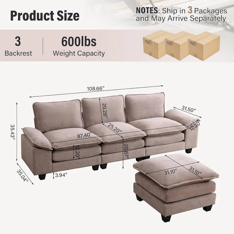 Divano componibile a L beige con pouf, 3 posti
