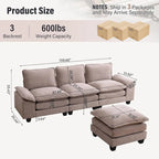 Divano componibile a L beige con pouf, 3 posti