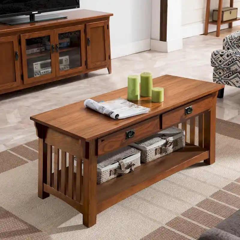 Tavolino da Caffè in Legno Marrone Stile Mission con 2 Cassetti – 1 Unità