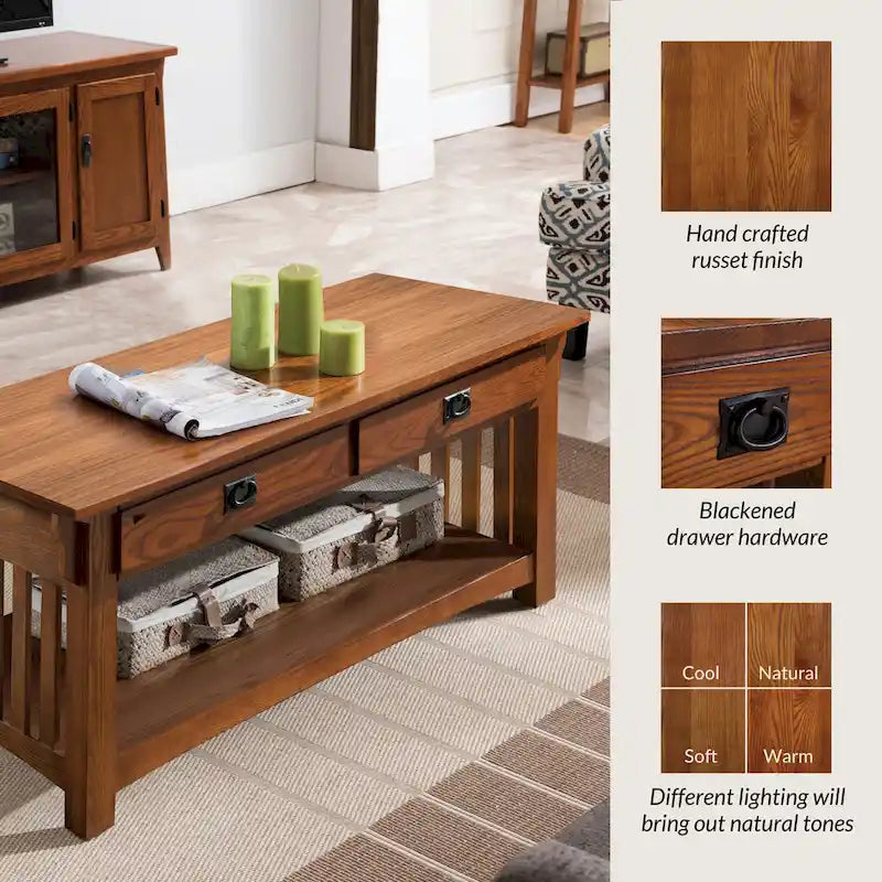 Tavolino da Caffè in Legno Marrone Stile Mission con 2 Cassetti – 1 Unità