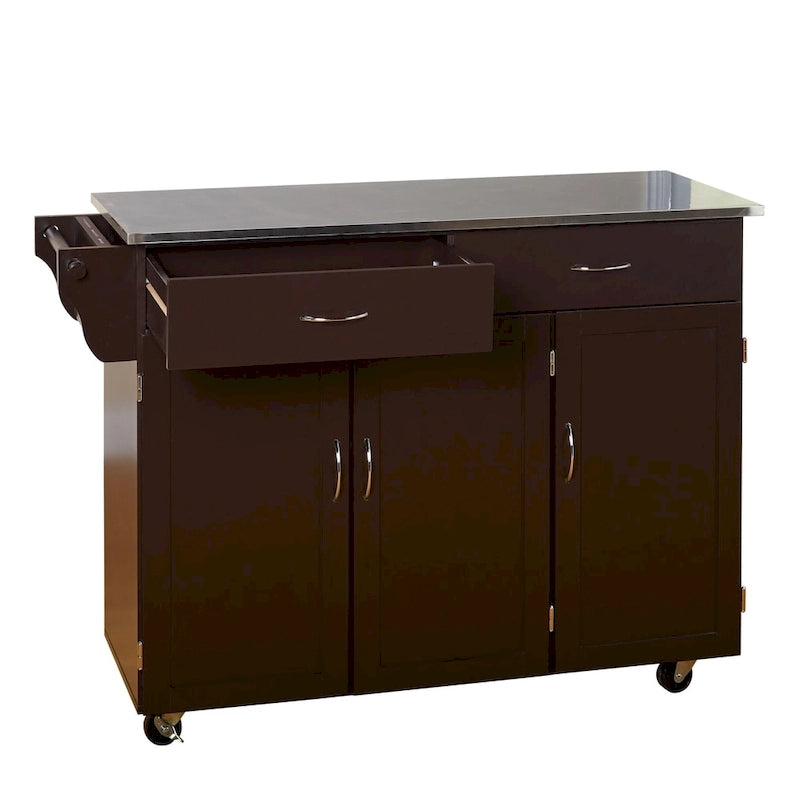 Carrello da cucina su ruote con piano in acciaio inossidabile – Bianco ed Espresso, Montaggio per 2 persone