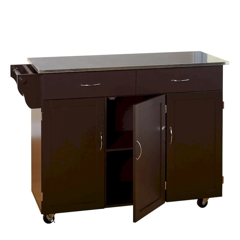 Carrello da cucina su ruote con piano in acciaio inossidabile – Bianco ed Espresso, Montaggio per 2 persone