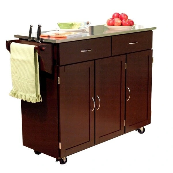 Carrello da cucina su ruote con piano in acciaio inossidabile – Bianco ed Espresso, Montaggio per 2 persone