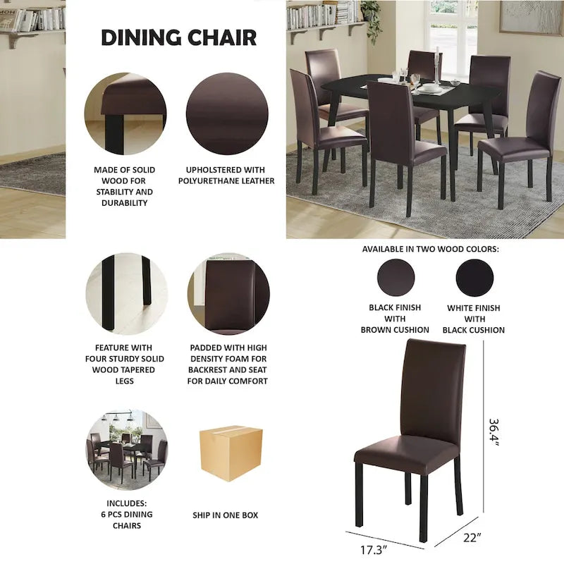 Sedia da pranzo moderna nera/marrone, stile schienale alto, set da 6