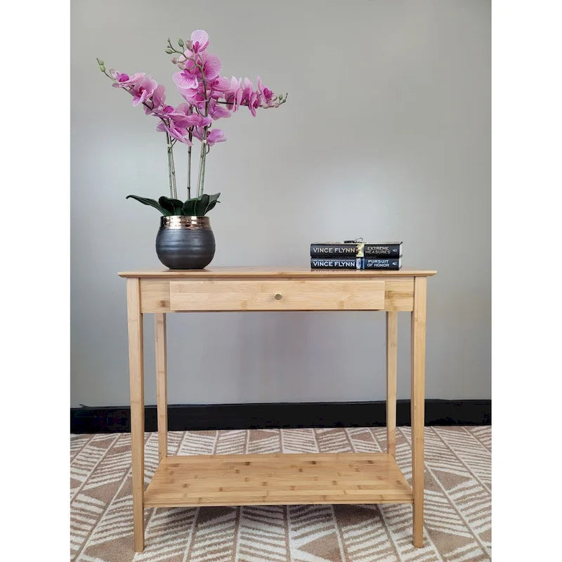 Tavolino consolle a 2 ripiani in bambù color mogano/naturale/grigio antracite con cassetto – monouso