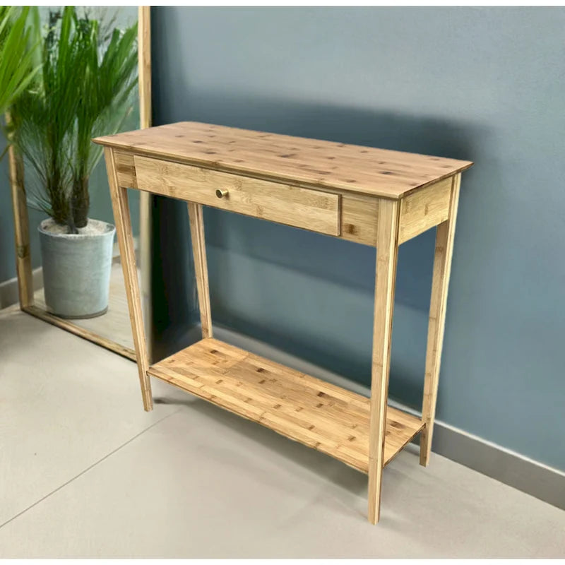 Tavolino consolle a 2 ripiani in bambù color mogano/naturale/grigio antracite con cassetto – monouso