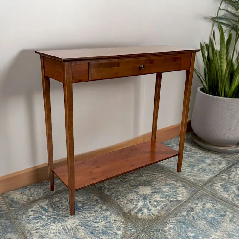 Tavolino consolle a 2 ripiani in bambù color mogano/naturale/grigio antracite con cassetto – monouso