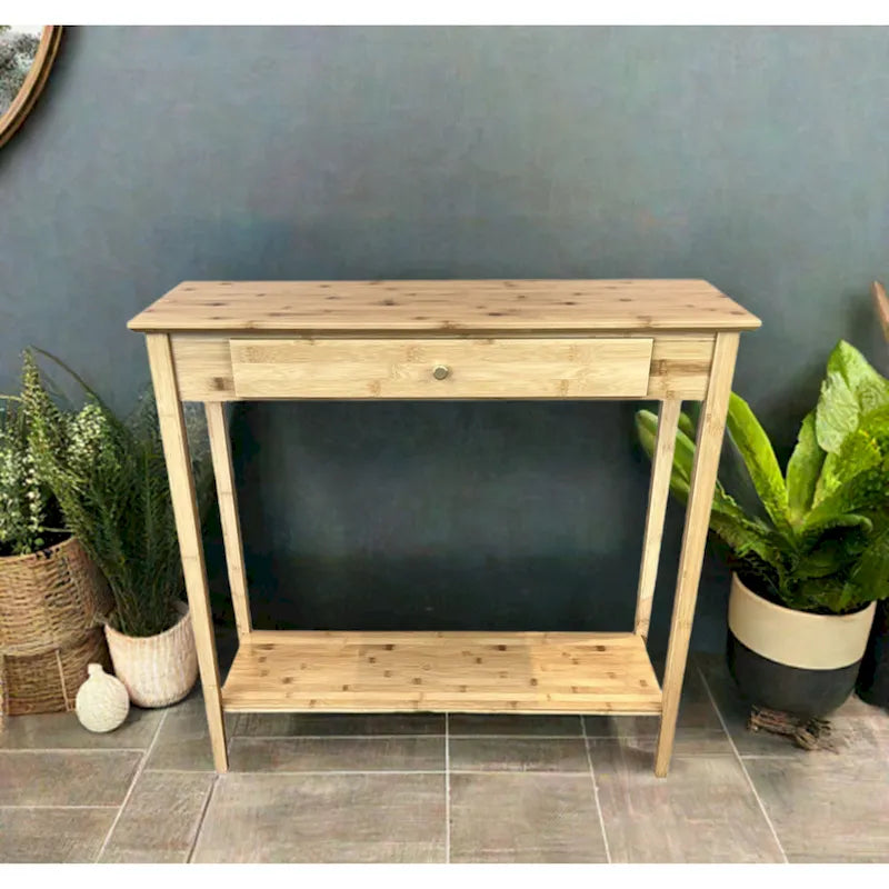 Tavolino consolle a 2 ripiani in bambù color mogano/naturale/grigio antracite con cassetto – monouso