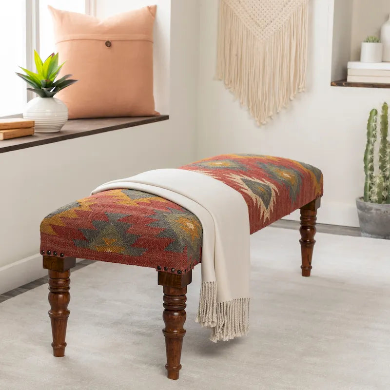 Panca rivestita in juta Kilim sudoccidentale rosso scuro/verde scuro – 1 posto