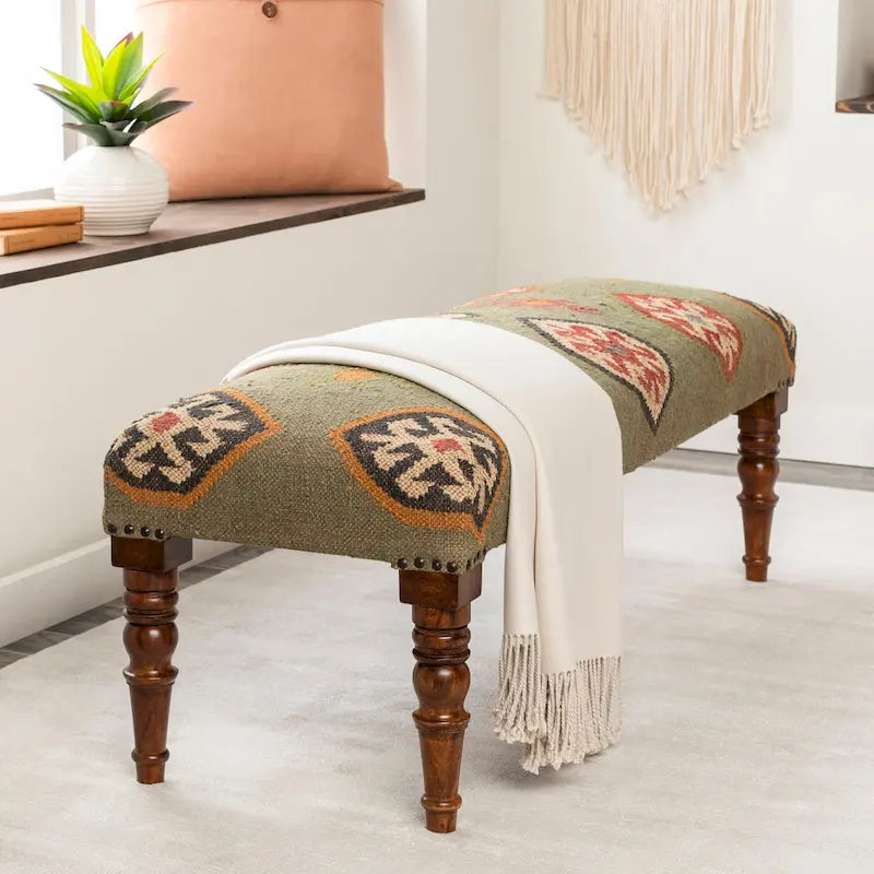 Panca rivestita in juta Kilim sudoccidentale rosso scuro/verde scuro – 1 posto