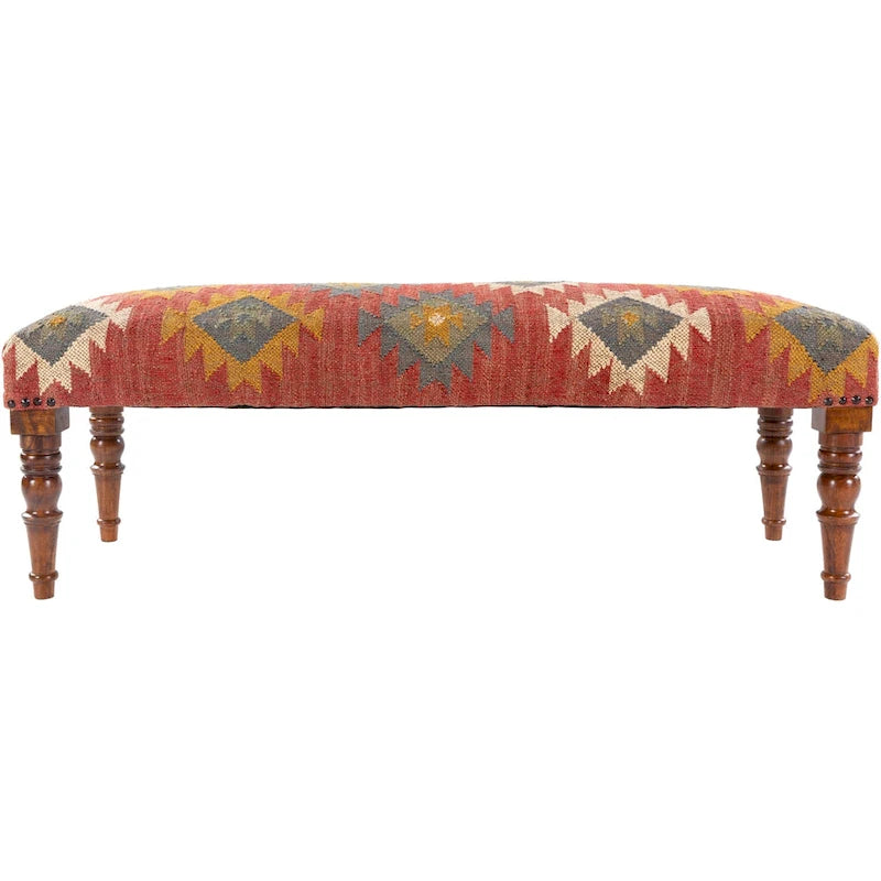 Panca rivestita in juta Kilim sudoccidentale rosso scuro/verde scuro – 1 posto