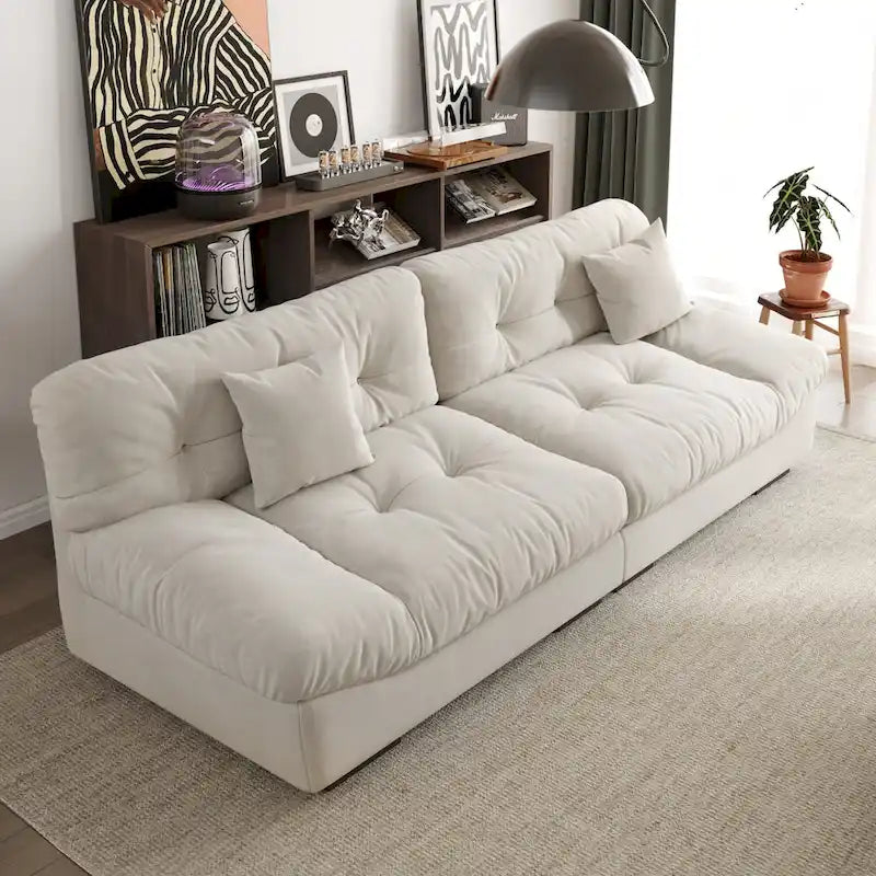 Divano componibile a nuvola grigio / rosa / beige, velluto scamosciato, 2-3 posti
