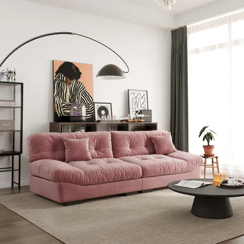 Divano componibile a nuvola grigio / rosa / beige, velluto scamosciato, 2-3 posti