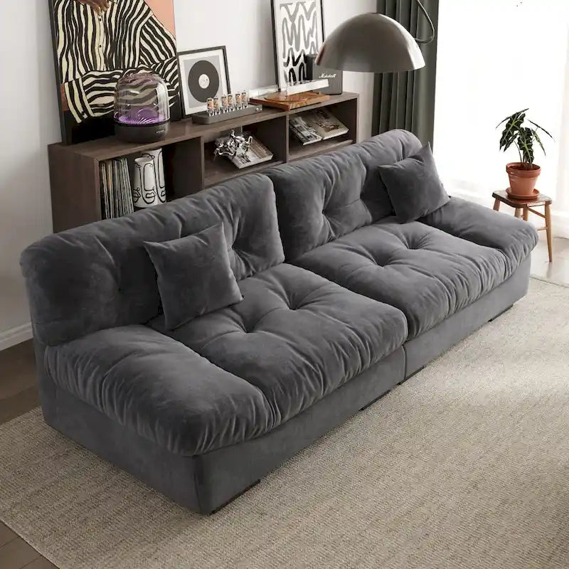 Divano componibile a nuvola grigio / rosa / beige, velluto scamosciato, 2-3 posti
