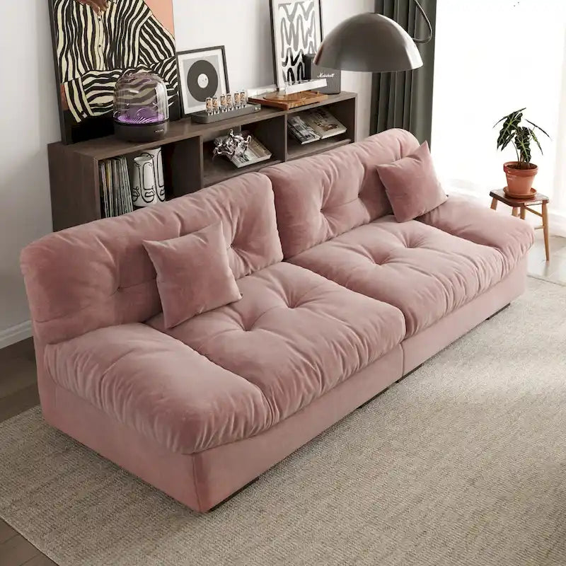 Divano componibile a nuvola grigio / rosa / beige, velluto scamosciato, 2-3 posti