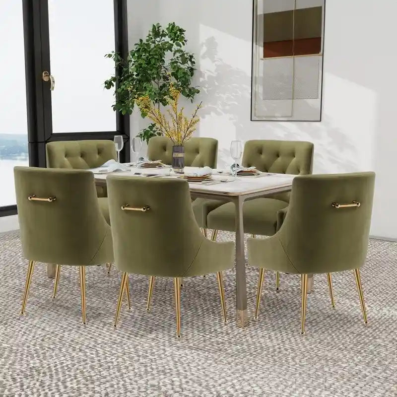 Verde / Velluto / Set da 6 — Sedie da pranzo imbottite con schienale trapuntato e anello a tirante color oro