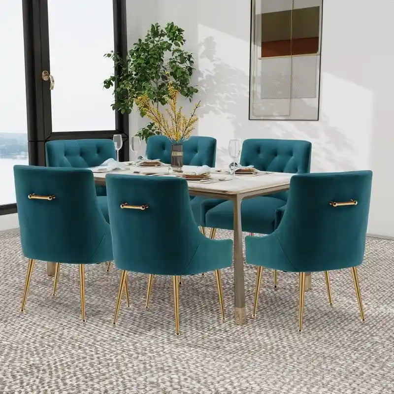 Verde / Velluto / Set da 6 — Sedie da pranzo imbottite con schienale trapuntato e anello a tirante color oro